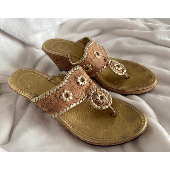 Marbella Wedge Sandal in Cork and Gold by Jack Rogers Size 6.5/6 1/2 - Picture 3 of 10